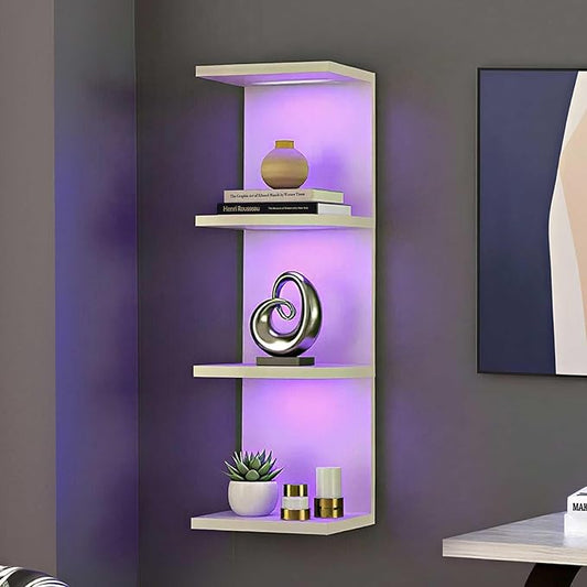4-Tier Wall Shelf Unit with RGB Lights, Floating Lack Shelf for Home Decor, Wall Mounted Vertical Display Shelf for Bedroom Living Room Vanity, White