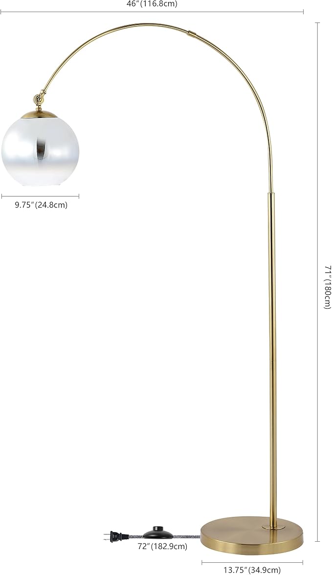 JONATHAN Y 71" Brass Gold Nora Arc Floor Lamp, Mid-Century Modern Standing Light, Vintage Iron LED Arched Reading Lamp with Mercury Glass Shade, LED Bulb Included JYL3089A