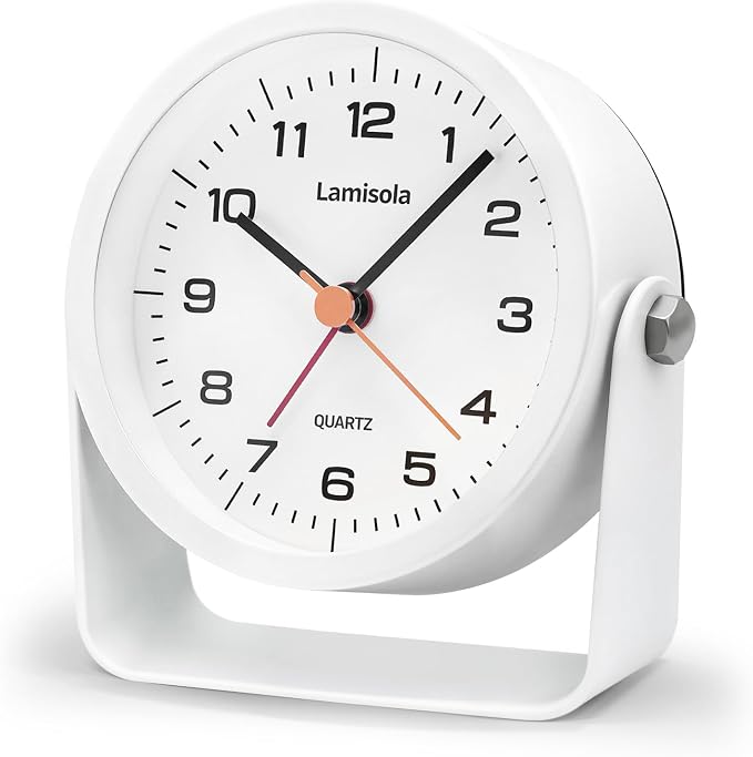 Lamisola 3.5 Inch Small Desk Alarm Clock, Battery Operated Analog Silent Clock with Night Light, Retro Vintage Metal Bedside Clock for Bedroom, Office, Bathroom, Dorm, Shelf, Table - White