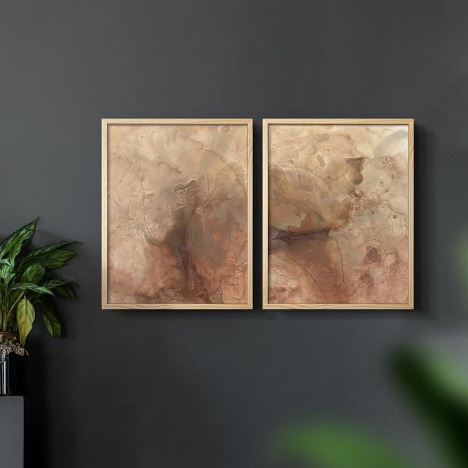 Renditions Gallery Set of 2 Peel & Stick Framed Prints, Abstract Wall Art, Brown Textured Marble Design Re-Stickable - Ready to Hang - 8"x10" - NATURAL WOOD Frame LT588
