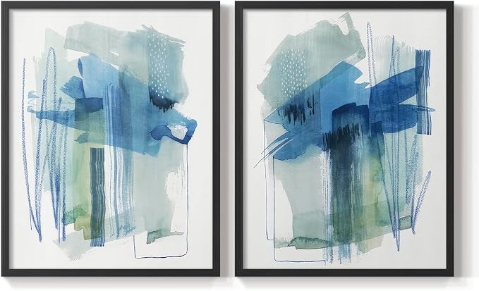 Renditions Gallery Set of 2 Peel & Stick Framed Prints, Modern Abstract Wall Art, Blue and Neutral Bold Brushstrokes Wall Decor, Re-Stickable - Ready to Hang - 22"x28" - Black Frame LT588