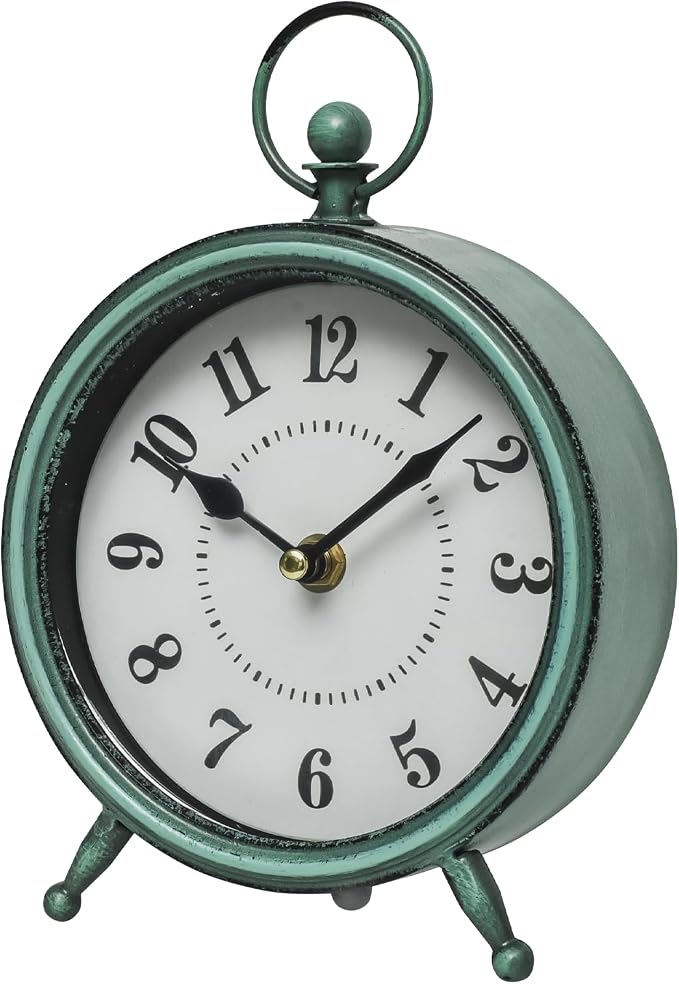 Vintage Small Rustic Green Table Clock on Stand - Decorative Desk and Shelf Clock, Battery Operated, Silent Non-Ticking Timepiece Perfect for Office, Living Room, and Bedroom Decor