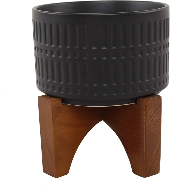 Flora Bunda Mid Century 7 Inch Black Roman Texture Ceramic Planter on Wood Stand Mid-Century, Black Roman 7"