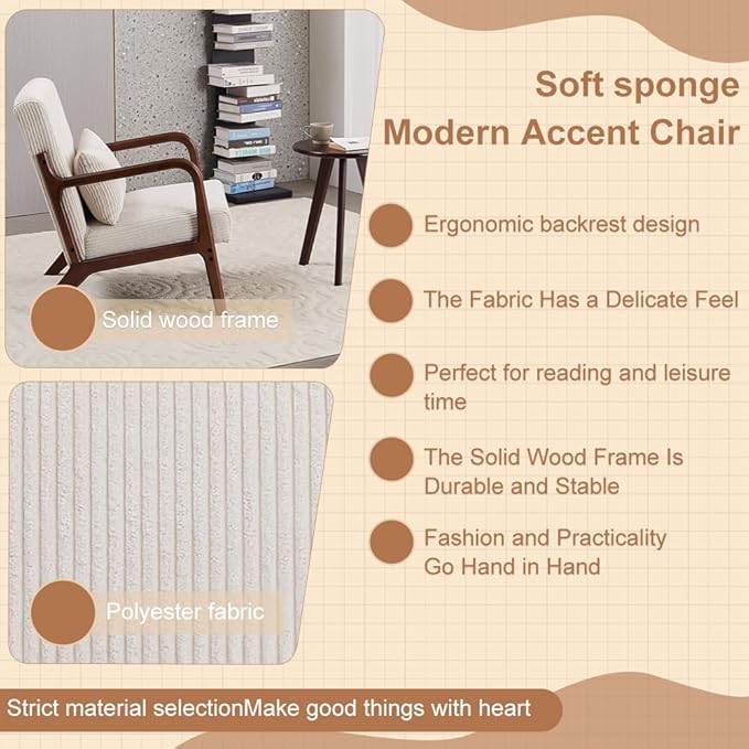 Accent Chairs with Side Table, Mid Century Modern Chair with Pillow, Arm Chair with Solid Wood, Reading Relaxing Leisure Chair for Living Room, Bed Room, Waiting Room, White