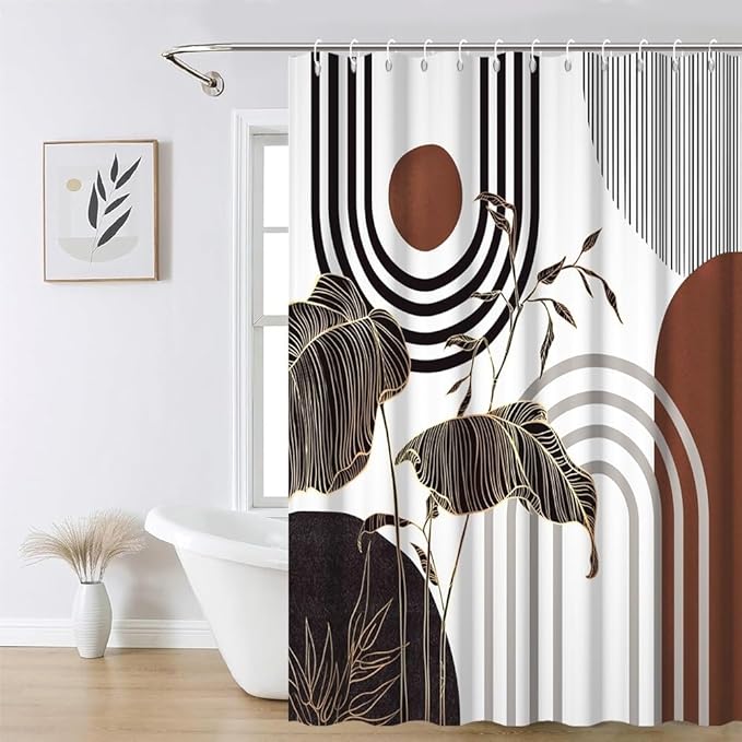 Mid Century Boho Shower Curtain for Bathroom Modern Abstract Aesthetic Bathroom Decor Set Black Gold Leaf Sun Arch Bathtub Curtains Machine Washable Waterproof Polyester Fabric with Hooks 69x70 Inch