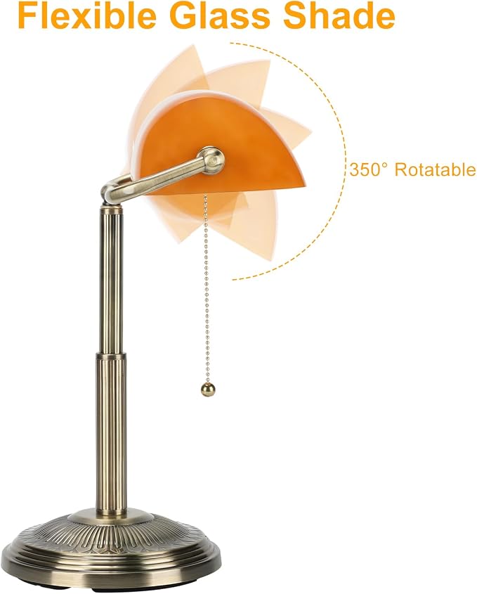 LINNMON Bankers Desk Lamp, Amber Retro Lamp, Vintage Lamp with Pull Chain Switch for Home Office (Brass+Amber)
