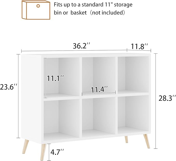 6 Cube Storage Organizer, Wood Bookcase with Legs, Modern Freestanding Cubby Shelving Unit, White Book Shelf Toy Storage Cabinet for Bedroom, Living Room, Kids Room, Fits 11 Inch Bins