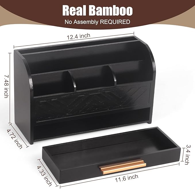 Charmewooden Black Desktop Organizer with Drawer Storage, White Desk Organizer Mail Holder Mail Organizer Countertop Pen Holder Letter Sorter Make up Organizer for School Home Office Supplies