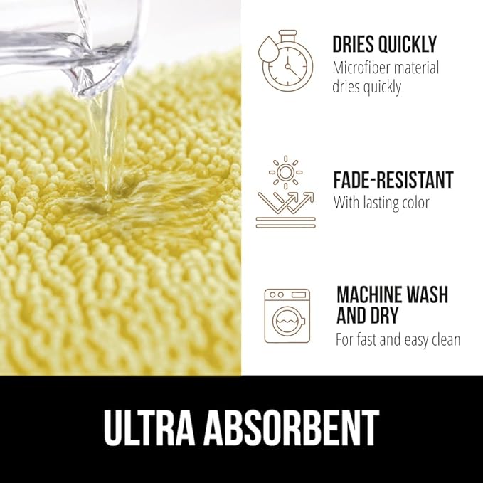 GORILLA GRIP Plush Absorbent Shaggy Chenille Bath Rug Mat for Oval Toilet Base with Rubber Backing, Machine Washable Rugs, Soft Microfiber Contour Mats for Toilets, Bathroom Decor, Yellow
