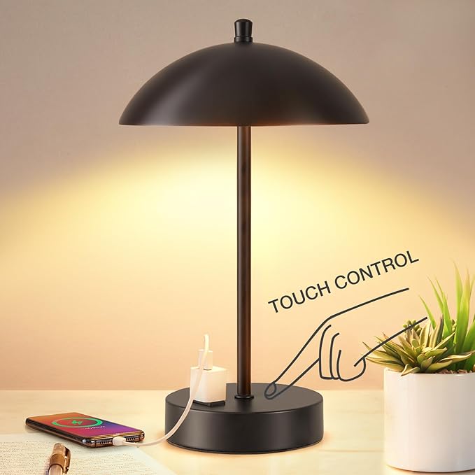 Modern LED Desk Lamp with AC Adapter, 12" 3-Way Dimmable Touch Bedside Reading Lamp, Minimalist Black Small Nightstand Table Lamp with Mushroom Dome Shade for Bedroom Living Room Office, Bulb Included