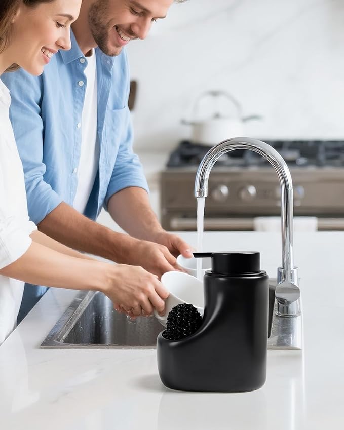 Ceramic Lotion Dispenser - 12 oz Bathroom Hand Pump Dispenser Hand Dish Soap Dispenser Bottles Black Pump Dish Liquid Dispenser for Kitchen… (Ceramic, Black Lotion with Sponge)