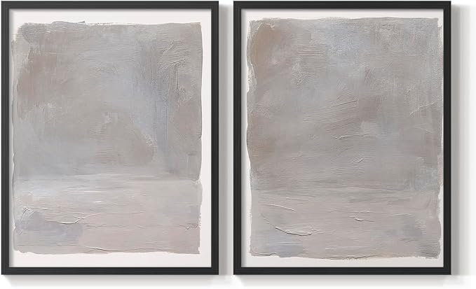 Renditions Gallery Set of 2 Peel & Stick Framed Prints, Watercolor Abstract Wall Art, Neutral Tones Textured Brushstrokes Wall Decor, Re-Stickable - Ready to Hang - 11"x14" - Black Frame LT588
