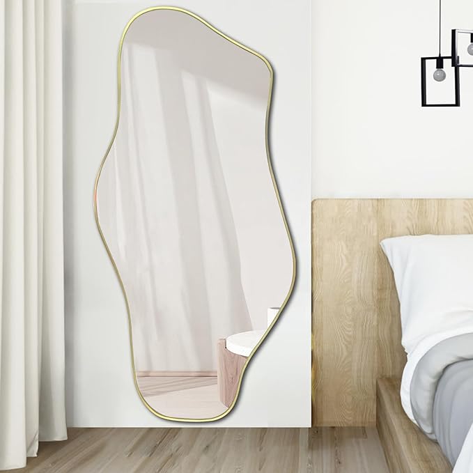 Irregular Mirror, 59"x25.5" Asymmetrical Full Length Mirrors Decorative, Gold Cloud Shaped Mirror, Large Abstract Frameless Mirrors for Living Room Bathroom Bedroom Hallway Entryway