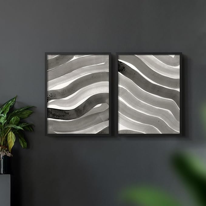 Renditions Gallery Set of 2 Peel & Stick Framed Prints, Watercolor Abstract Wall Art, Black and White Bold Brushstrokes Wall Decor, Re-Stickable - Ready to Hang - 8"x10" - Black Frame LT588