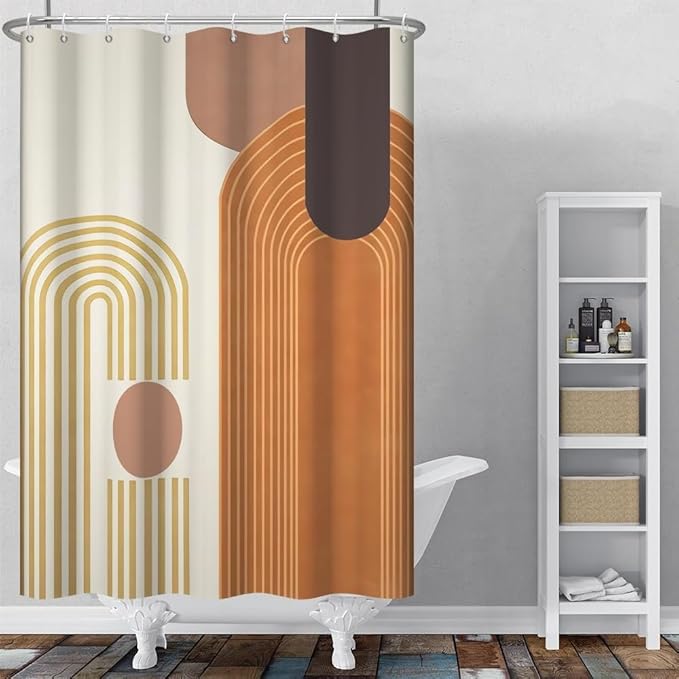 Modern Bohemia Shower Curtain for Bathroom Orange Abstract Minimalist Bathroom Set Decor Stripes Arch Sun Chic Aesthetic Washable Waterproof Polyester Fabric with Hooks 48x72 Inch