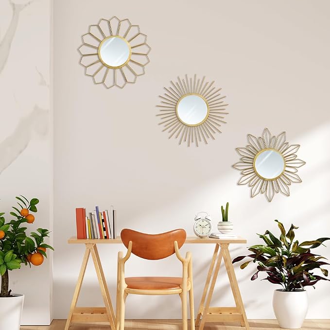 hogardeck Metal Mirrors Wall Decor - 3 Pcs 11" Metal Sunburst Flower Wall Mirrors Home Décor, Decorative Hanging Wall Art for Living Room, Bedroom, Kitchen, Bathroom, Entryway