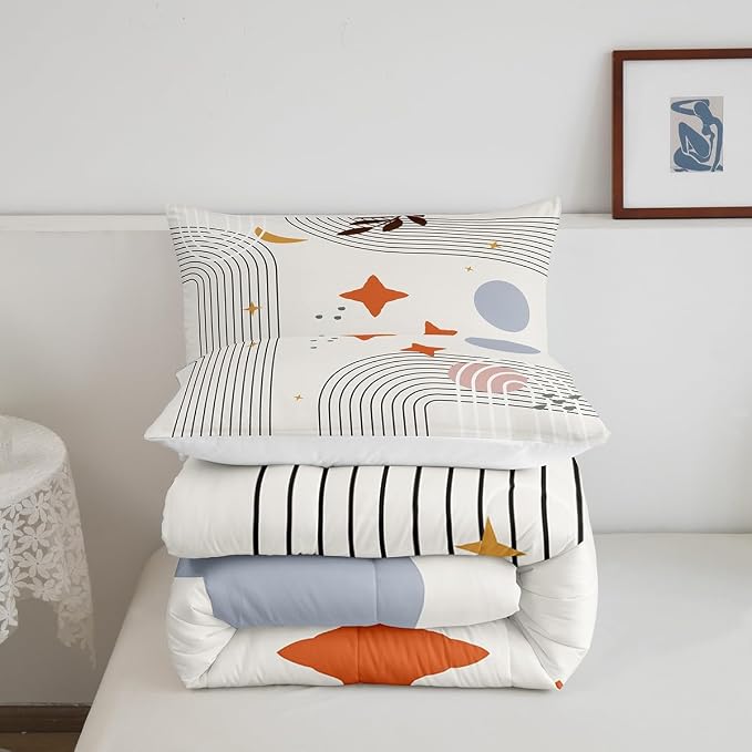 Erosebridal Abstract Red Sun Comforter King Geometric Lines Bedding Set, Aesthetic Down Comforter Vintage Minimalist Bed Set, Modern Quilted Duvet Luxury Grey Circle Room Decoration