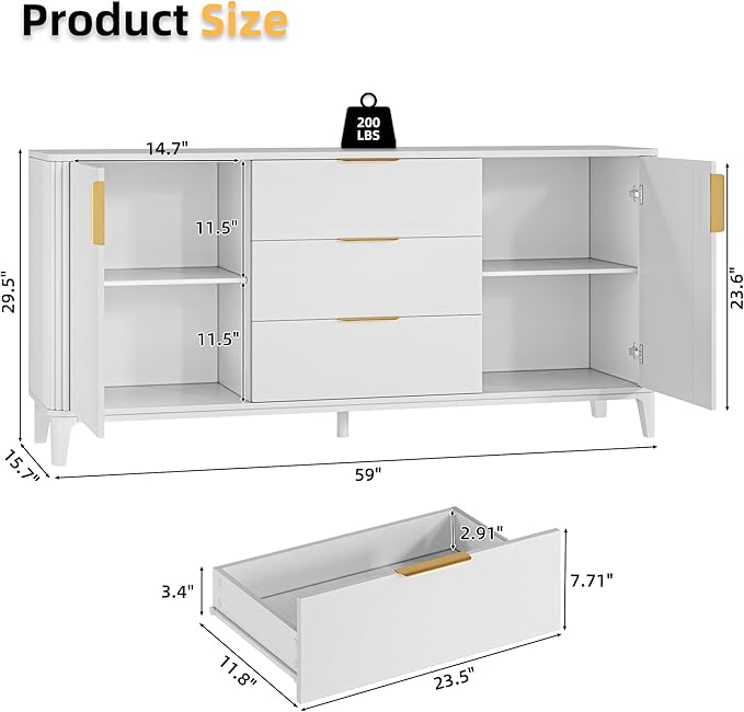 59" Fluted Sideboard Buffet Cabinet with 2 Doors and 3 Drawers, Large Modern Mid Century Buffet Table Coffee Bar Wine Bar Storage Cabinet with Adjustable Shelves for Dining Room, Living Room White