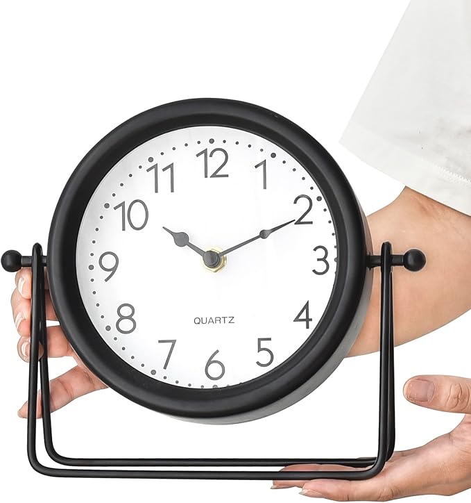 Small Desk Clock – Classic Vintage Silent Non-Ticking Clock with Distressed Metal Frame, Decorative Shelf Decor for Office, Living Room or Bedroom