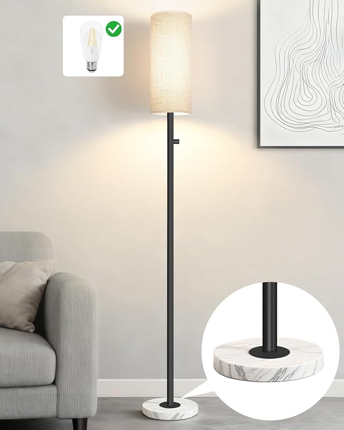 Upgraded Floor Lamp for Living Room, Dimmable Black Floor Lamp with LED Bulb,Modern Standing Lamp with Marble Base,Tall Floor Lamps for Bedroom Reading Office Corner Nursery