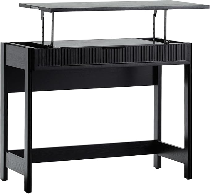 Walker Edison Transitional Style Furniture, Reeded Detail, Lift-Top Desk with Drawer and Storage Cubby, Sitting to Standing Desk, Soft Self-Close Desktop, 38 Inch, Black