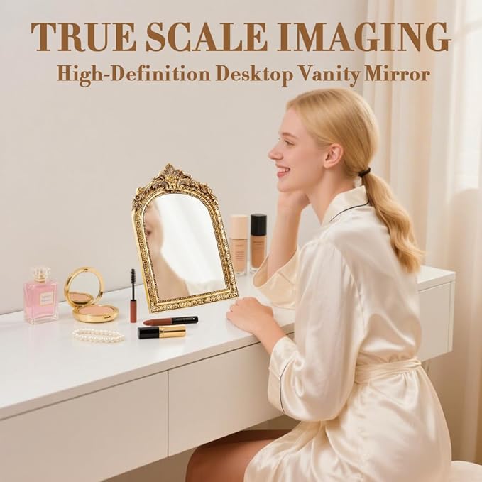 YUSONG Vintage Desk Mirror – 8" Gold Antique Tabletop Mirror with Resin Frame, Decorative Wall Art for Living Room Bedroom Vanity Desk Decor, Birthday Gift