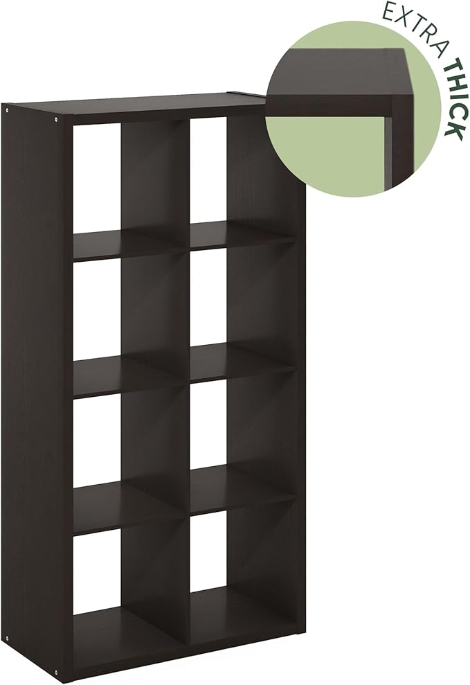Furinno CUBICLE Book Shelf, 8-Cube Bookshelf, Extra Thick Frame Horizontally & Vertically Reversible Bookcase with Open Back, 14.6" x 30" x 58", for Living Room, Bedroom, Home Office, Black Dark Oak