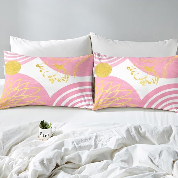 Mid Century Modern Duvet Cover Toddler Size for Kids Girls Teens - Pink and White Abstract Comforter Cover Boho Minimalist Aesthetic Bedding Set Chic Modern Geometric Bohemian Floral Bed Set