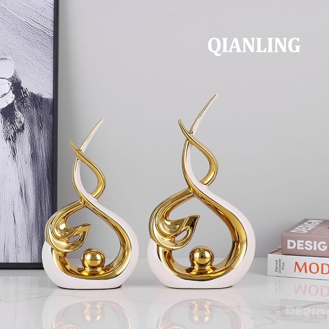 QIANLING Home Decor Modern Abstract Art Ceramic Statue - White and Gld Ceramic Sculpture, Dining Table Centerpiece Decor, Decoration for Living Room, Coffee Table, Shelf, Kitchen