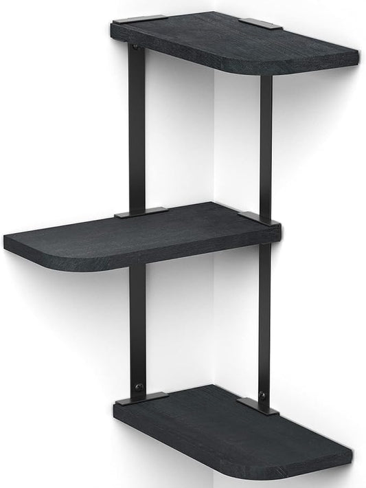Love-KANKEI Corner Shelf Wall Mount of 3 Tier Rustic Wood Floating Shelves for Bedroom Living Room Bathroom Kitchen Office and More Black