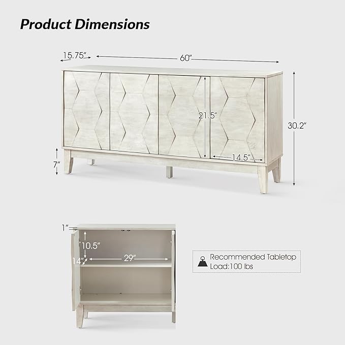 HULALA HOME Mid Century Sideboard Buffet Cabinet with Solid Wood Legs, 60" Kitchen Storage Cabinet Credenza with 4 Doors and 2 Shelves, Accent Console Table, White