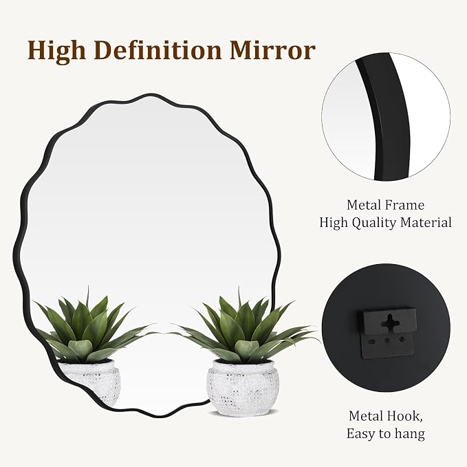 WallBeyond Round Wavy Mirror for Wall Decorative 36 inch, Modern Round Mirror Aluminum Frame for Bathroom Bedroom Living Room Home House Office Entryway, Black