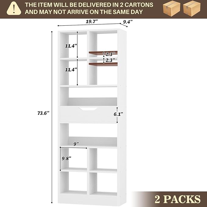 Armocity 16-Tier Tall Bookshelf Set of 2, 73.6" Narrow Freestanding Bookcase with 2 Drawers, Space-Saving Wood Display Shelves Storage for Living Room, Home Office Bedroom, White