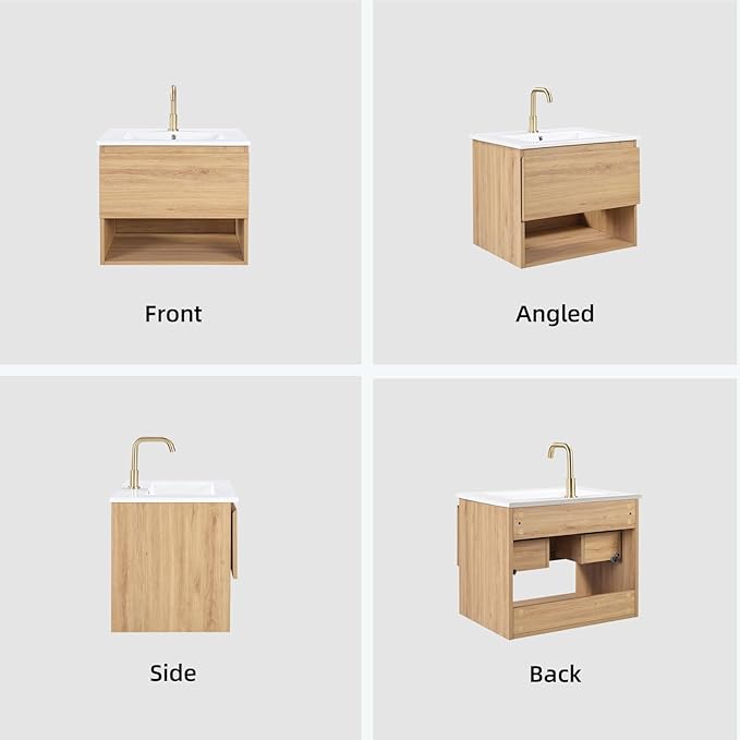 24 inch 3D Carved Bathroom Vanity with Open Compartment, Floating Cabinet with Soft-Close Drawer,with Ceramic Basin,Single Shelve,Mid Century Modern,Triamine Finish (Yellow Oak/White Sink)