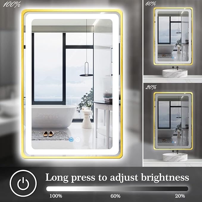 30 x 40 Inch Gold Vanity Mirror with Lights Smart Memory 3 Color Dimmable AntiFog 40 Gold Frame Lighted mirror for Bathroom Salon Horizontal/Vertical Wall Mounted LED Makeup Mirror with Light