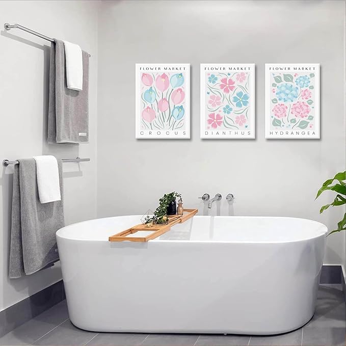 BingruiArt Flower Market Wall Art Pink and Blue Canvas Boho Floral Wall Decor Botanical College Coquette Girly Preppy Posters Prints Pictures for Apartment Batroom Bedroom Dorm Room 3Pcs 16"x24" Framed