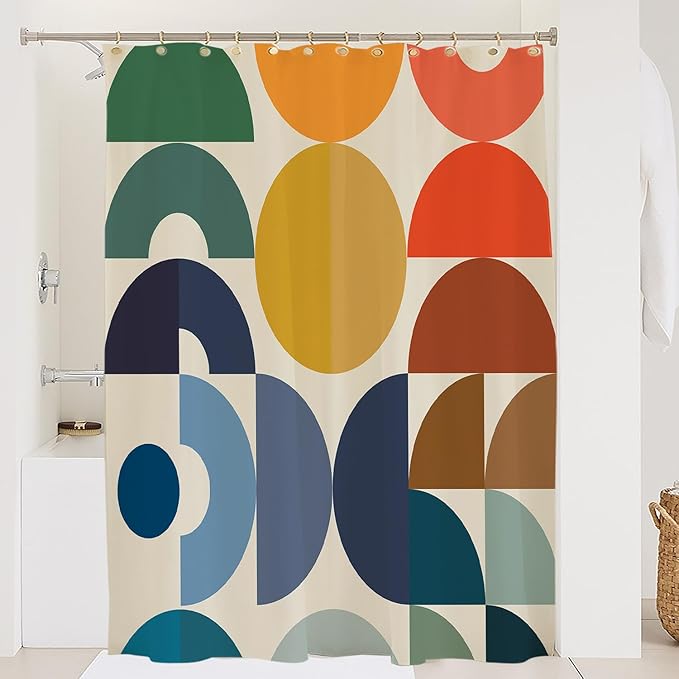 Mid Century Geometric Shower Curtain Sets,Multicolor Geometry Art Bath Curtain for Bathroom,Modern Boho Abstract Waterproof Fabric Polyester Curtain with 12 Hooks, 72 x 72 Inches