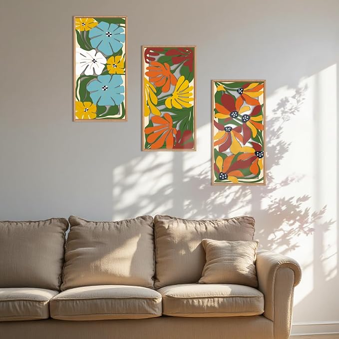 IARTTOP Boho Floral Wood Wall Art Framed 8x16 Inch Set of 3 Minimalist Botanical Plant Wooden Wall Decor Colorful Mid-century Modern Flower Artwork for Living room Bedroom Office