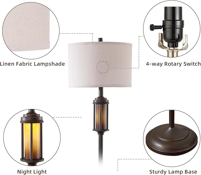 65'' Farmhouse Floor Lamp for Living Room Bedroom with 2 Light Sources, Rustic Vintage Tall Standing Lamp with Amber Nightlight for Home Office Corner, Bulbs Included