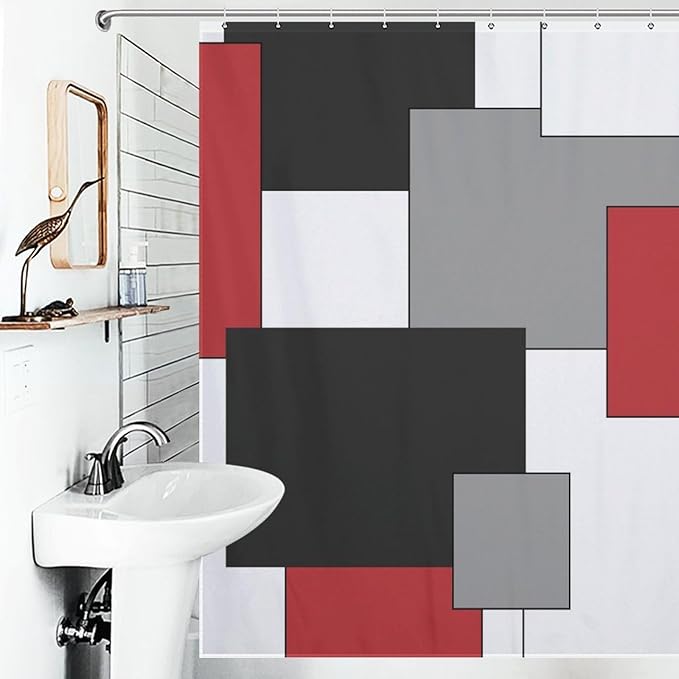 Red Black Shower Curtain,Retro Modern Geometry Minimalist Neutral Design Bathroom Curtain Polyester Waterproof Fabric Decor 72x72in（183x183cm）