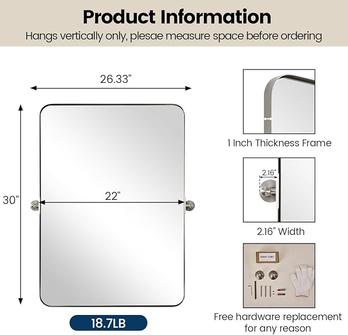 MOON MIRROR Brushed Nickel Pivot Mirror for Bathroom, Tilt Rounded Rectangle for Vanity, Overall 26.33 x 30 in (Mirror 22x 30 in)