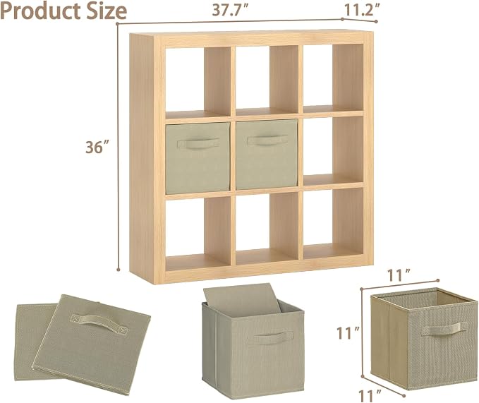 Bookshelf with Storage Bins, 9-Cube Storage Organizer Sturdy Wooden Bookcase Open Book Shelf, Multifunctional Cubicle Rack for Storage & Display, Furniture for Living Room Bedroom Office, Oak
