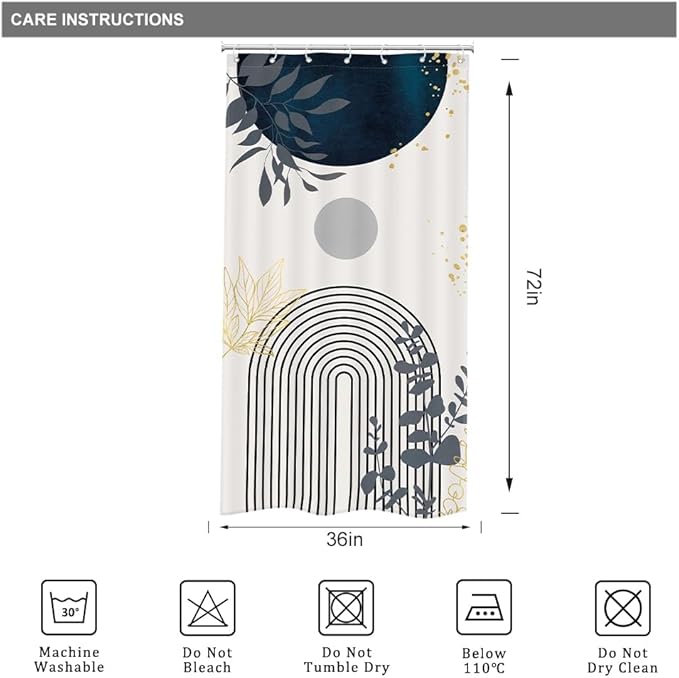 Riyidecor Small Stall Navy Blue Boho Mid Century Shower Curtain for Bathroom Decor 36Wx72H Modern Abstract Gold Leaves Minimalist Geometric Art Printed Fabric Polyester Waterproof 7 Pack Plastic Hooks