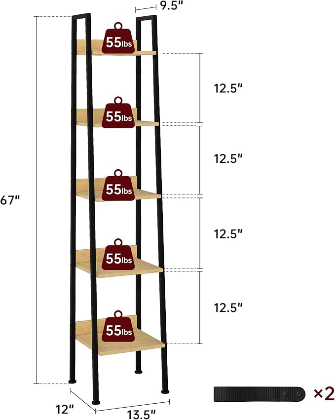 Ladder Shelf, 5 Tier Ladder Shelf, 13.5” Wide Tower Storage Shelf for Books, Anti Tip Feature, Steel Frame, Perfect for Bookshelf, Plants, Kitchen, Living Room, Office, Natural Oak
