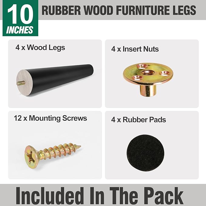 FoDau770 Black Rubber Wood Furniture Legs 10 Inches, Straight Tapered Wood Feet Mid Century Sofa Legs Set of 4, 5/16" UNC Furniture Feet for Cabinet Couch Dresser Chair Ottoman Table