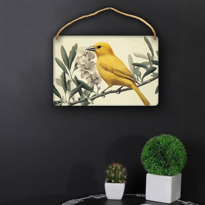 Artistic Retro Yellow Bird on Floral branches Wooden Wall Art, Botanical Home Decors for Vintage Lovers, 12x8 Inch Wood Sign to Add Charm to Your Study