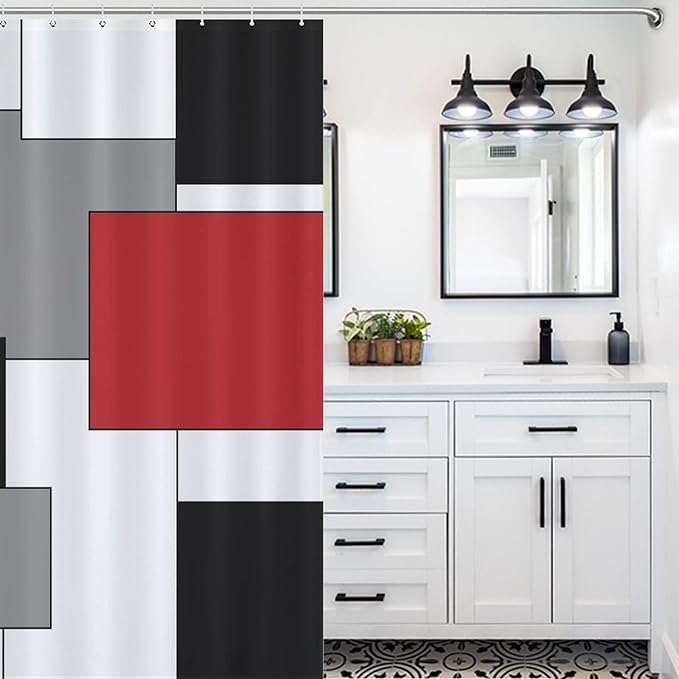 Red Black Shower Curtain,Retro Modern Geometry Minimalist Neutral Design Bathroom Curtain Polyester Waterproof Fabric Decor 72x72in（183x183cm）