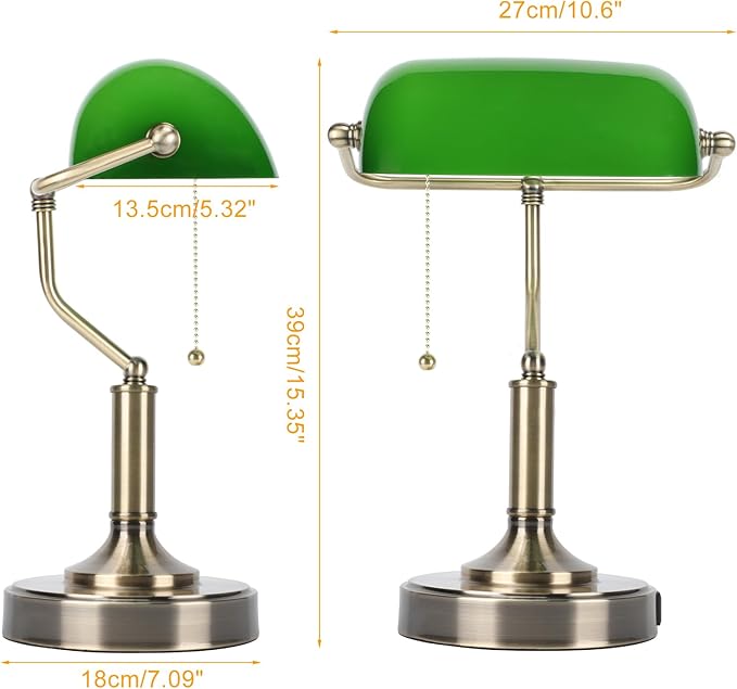 LINNMON Bankers Lamp, Green Desk Lamp with Pull Chain Switch, Retro Lamp with USB and Type C Charging Ports, Vintage Lamp for Home Office, Piano, Library (Retro)