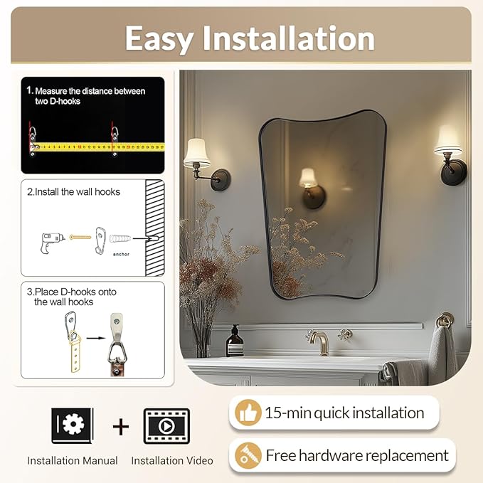 MIRRORTART Contemporary Black Bathroom Mirrors for Wall, 24x32'' Asymmetrical Scalloped Butterfly Rectangle Mirror in 1'' Stainless Steel Metal Frame for Home Decor Wall Mounted Vertical Only