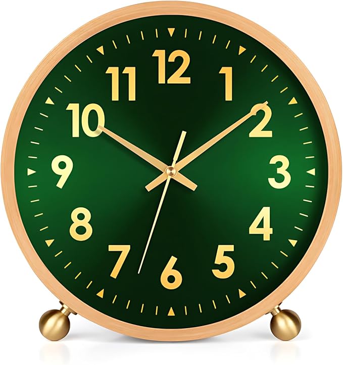 Maxspace Wooden Table Clock,8in Silent Non-Ticking Desk Clockwith Gold Ball Base, Battery Operated Desktop Analog Clock for Living Room Office Bedroom Decor (Green Gold - Log, Copper Ball Base)